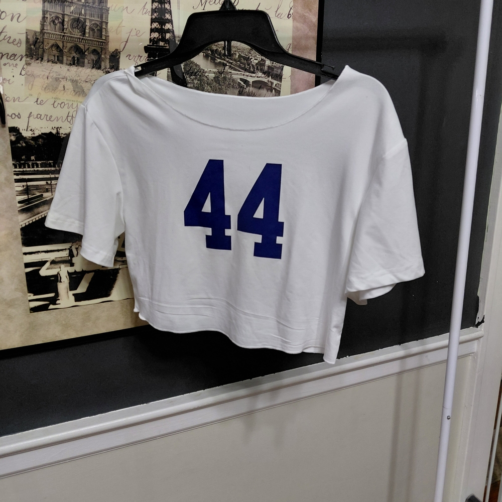 White Crop Top with Blue Number Print